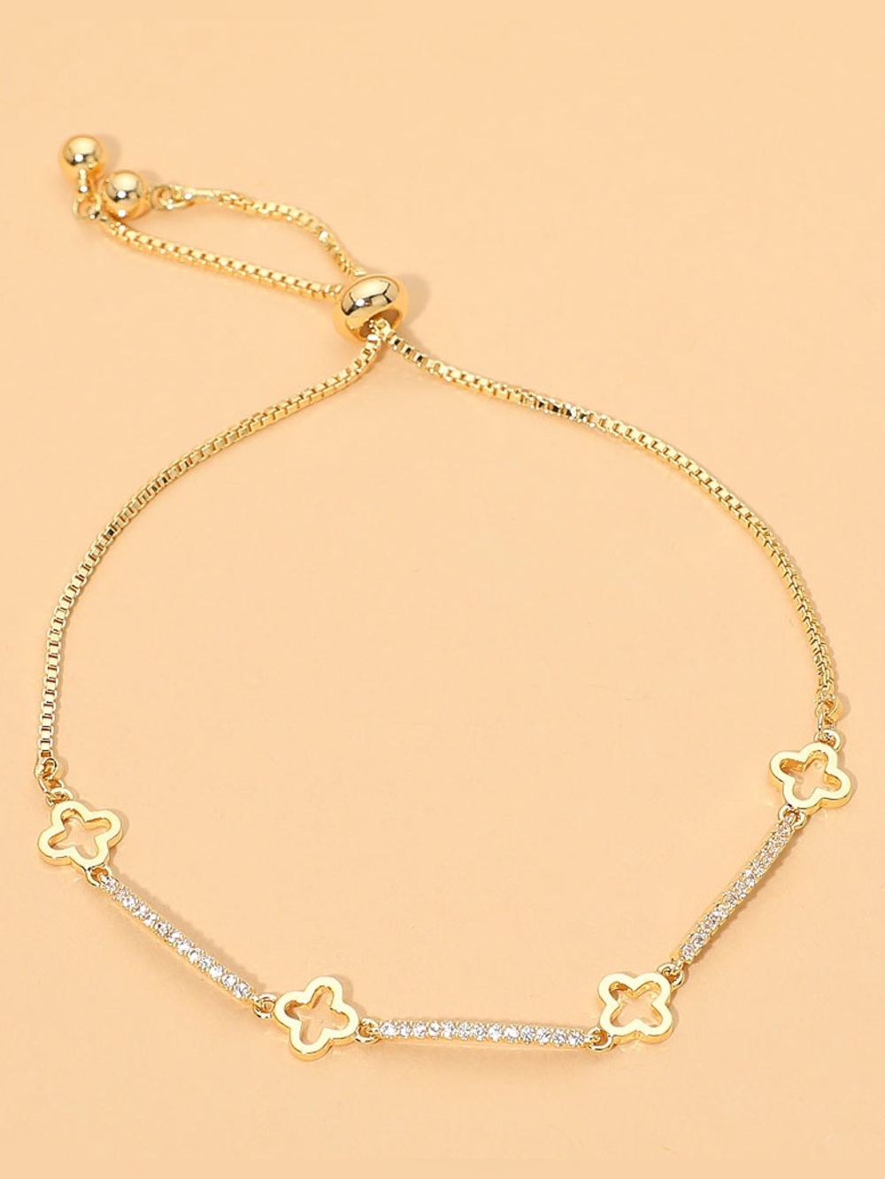 18K Gold Dipped Dainty Quatrefoil Charm Pave Bar Link Cinch Pull Tie Bracelet